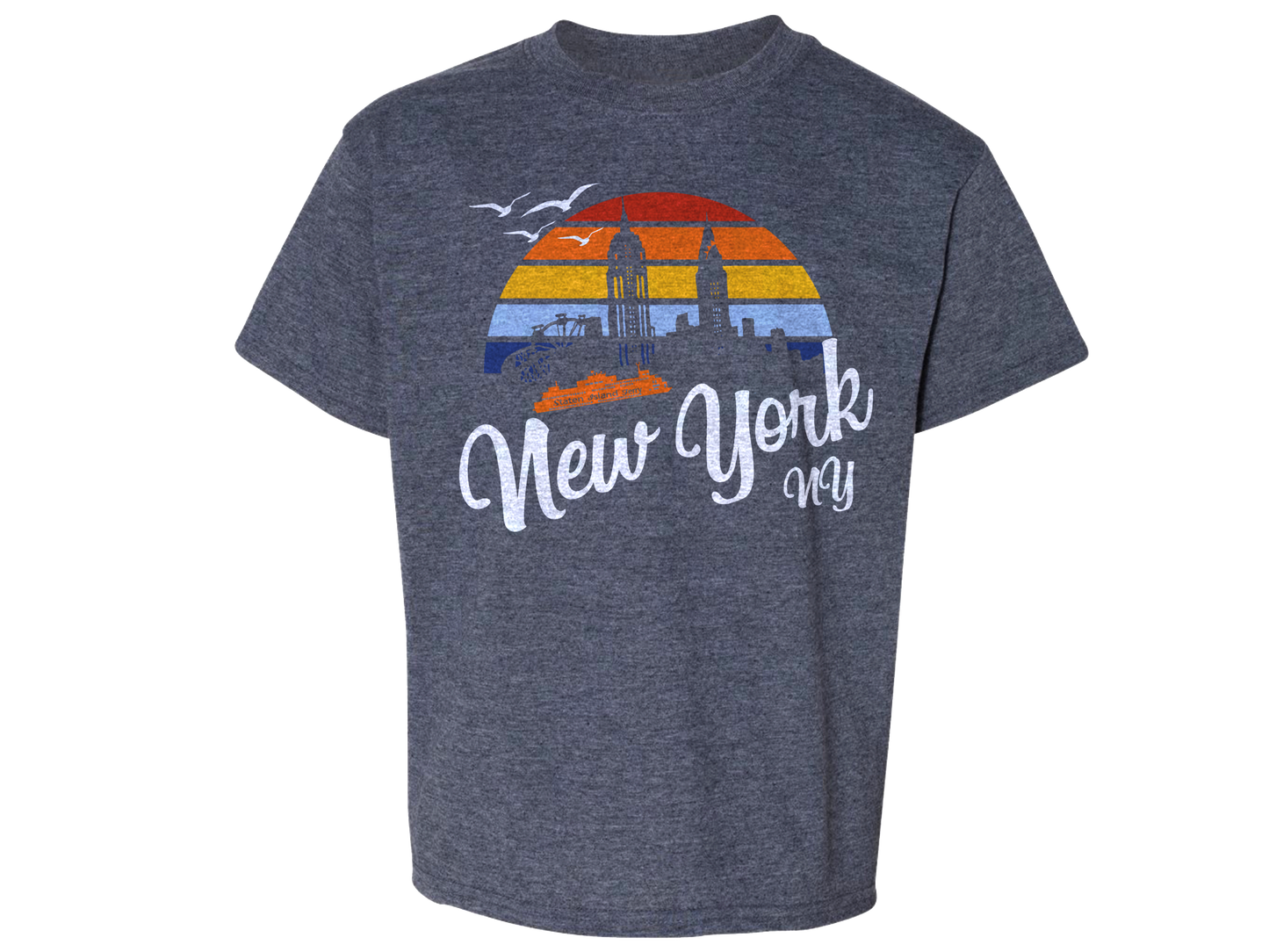 New York Rainbow Surfer Kids Tee in Heather Midnight Navy