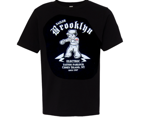 Black youth crew neck t-shirt featuring a retro tattoo-inspired sailor illustration with “Sailor Brooklyn Electric Tattoo Parlour” lettering and relaxed unisex fit.