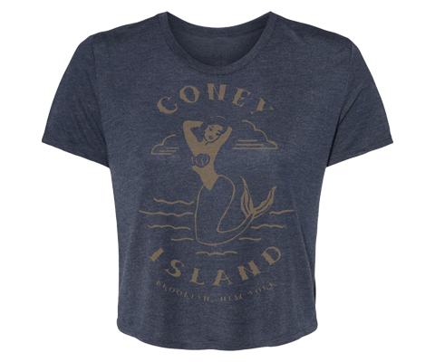 Ladies cropped tee in soft cotton blend featuring a retro tattoo-inspired Coney Island mermaid graphic. Relaxed fit, hand-printed in Brooklyn.