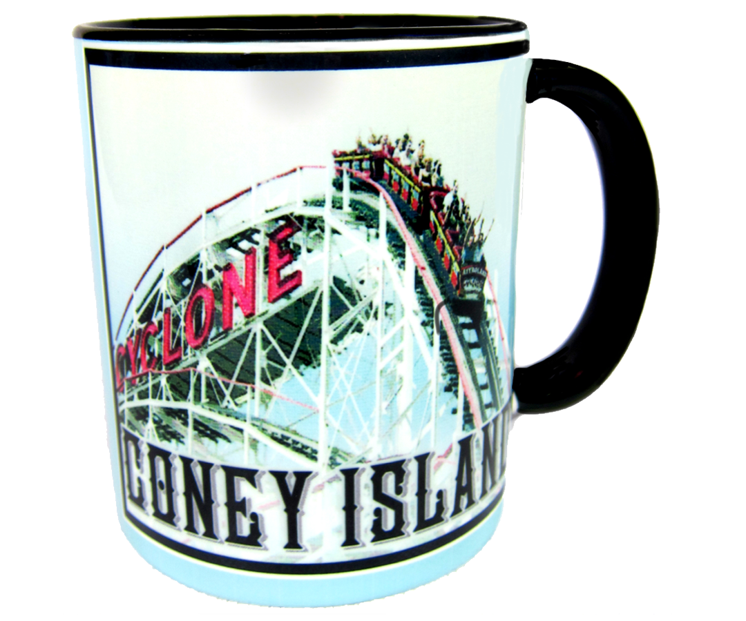 Coney Island mug, vintage Cyclone print on a sky blue back drop with a black handle and interior, handmade mug, handmade gifts made in Brooklyn NY 