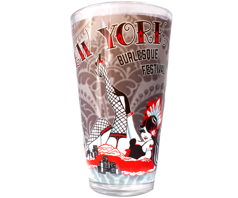 Burlesque pint glass, vintage burlesque design on a  retro floral background on a handmade pint glass, handmade gifts made in Brooklyn NY 