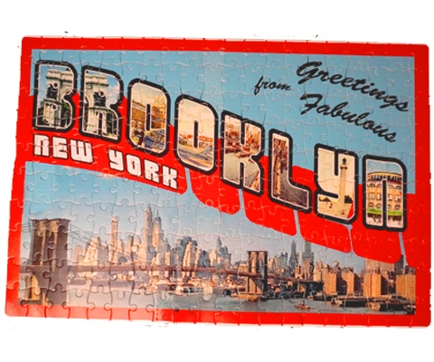 Brooklyn puzzle, retro postcard style design with Brooklyn landscape on a handmade puzzle, handmade gifts for everyone made in Brooklyn NY