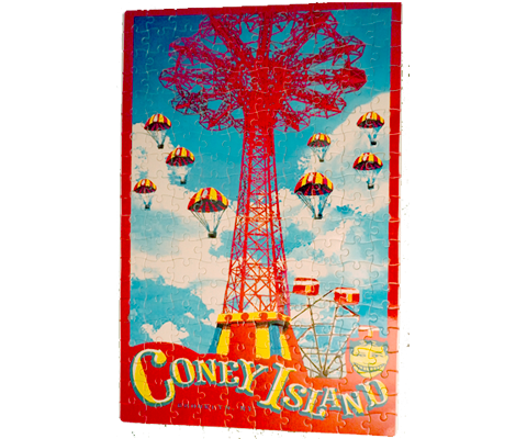 Coney Island puzzle, vintage parachute drop design with a red frame on a sky blue backdrop, handmade puzzle, handmade gifts made in Brooklyn NY