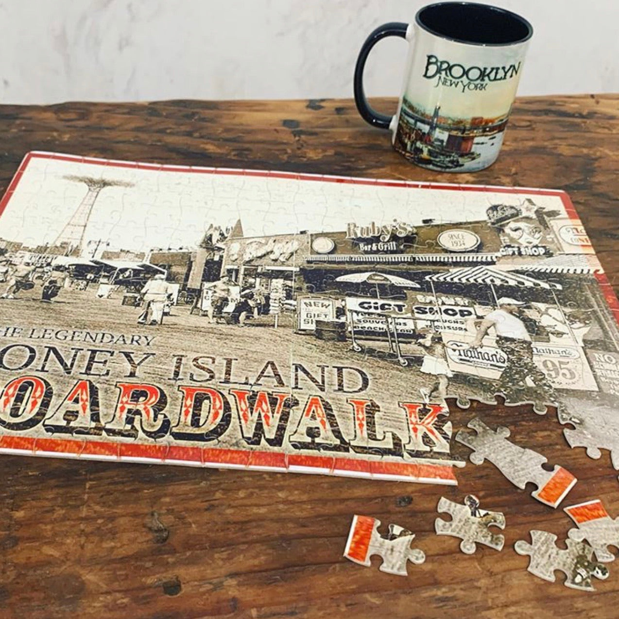 Coney Island puzzle, vintage sepia Coney Island Boardwalk seen on a handmade puzzle, handmade gifts for everyone made in Brooklyn NY