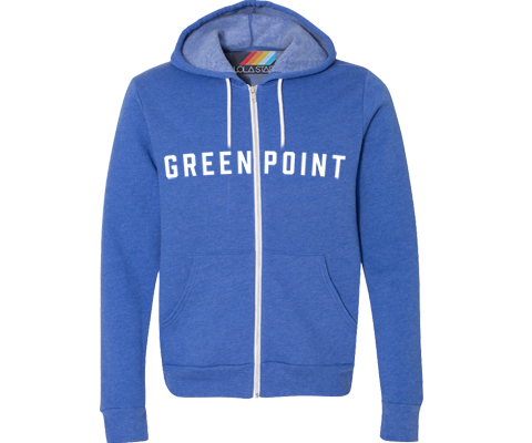 A Green Point bright blue youth hoodie.