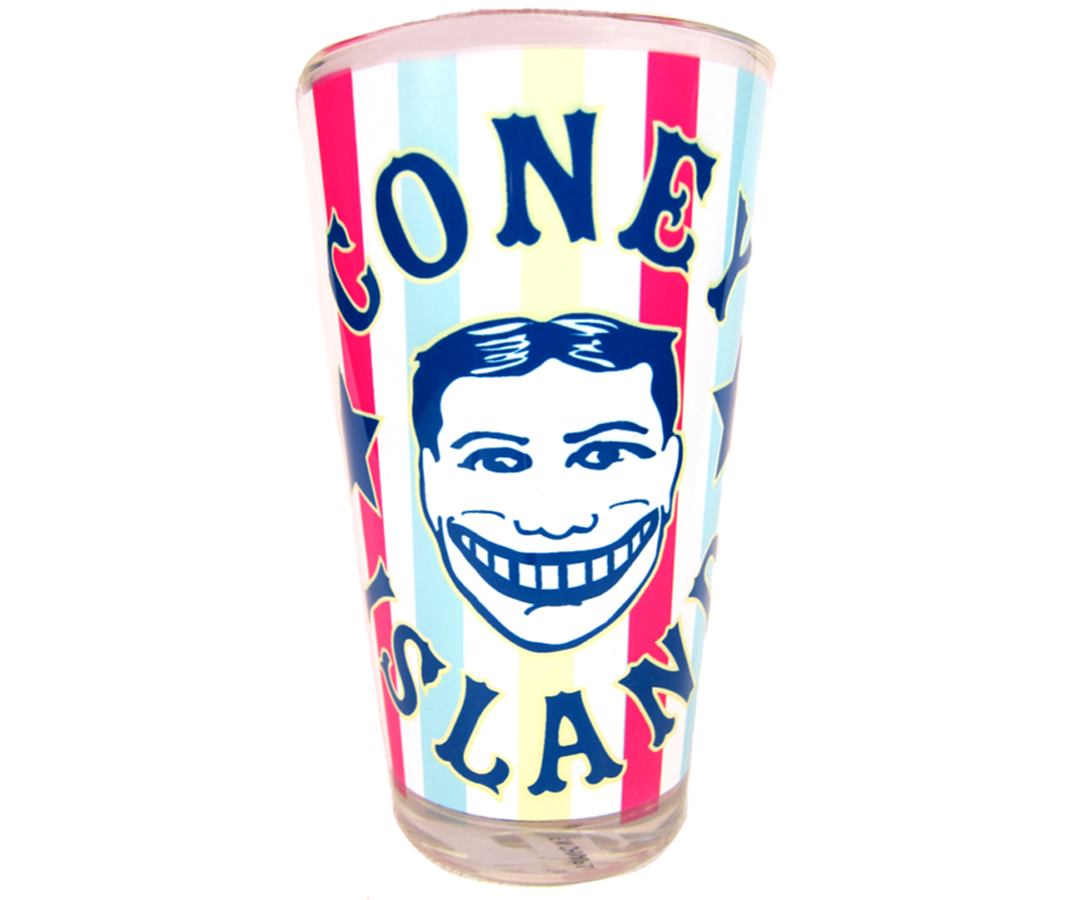 Coney Island pint glass, Vintage Carnival design with Steeplechase funny face design on a handmade pint glass, handmade gifts for everyone made in Brooklyn NY