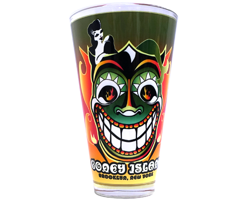 Coney Island pint glass, tiki Steeplechase funny face design with a flame backdrop, handmade pint glass, handmade gifts made in Brooklyn NY 