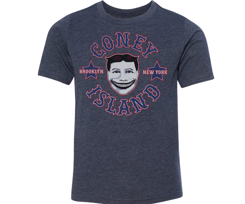 A must-have Coney Island kids t-shirt. With a vintage Tilly design on a heather blue kids tee handmade for kids in Brooklyn New York.