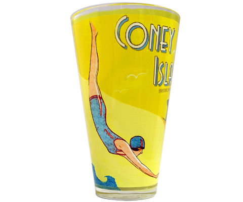 Coney Island pint glass, vintage swimmer design on a yellow amusement park backdrop, handmade pint glass, handmade gifts made in Brooklyn NY